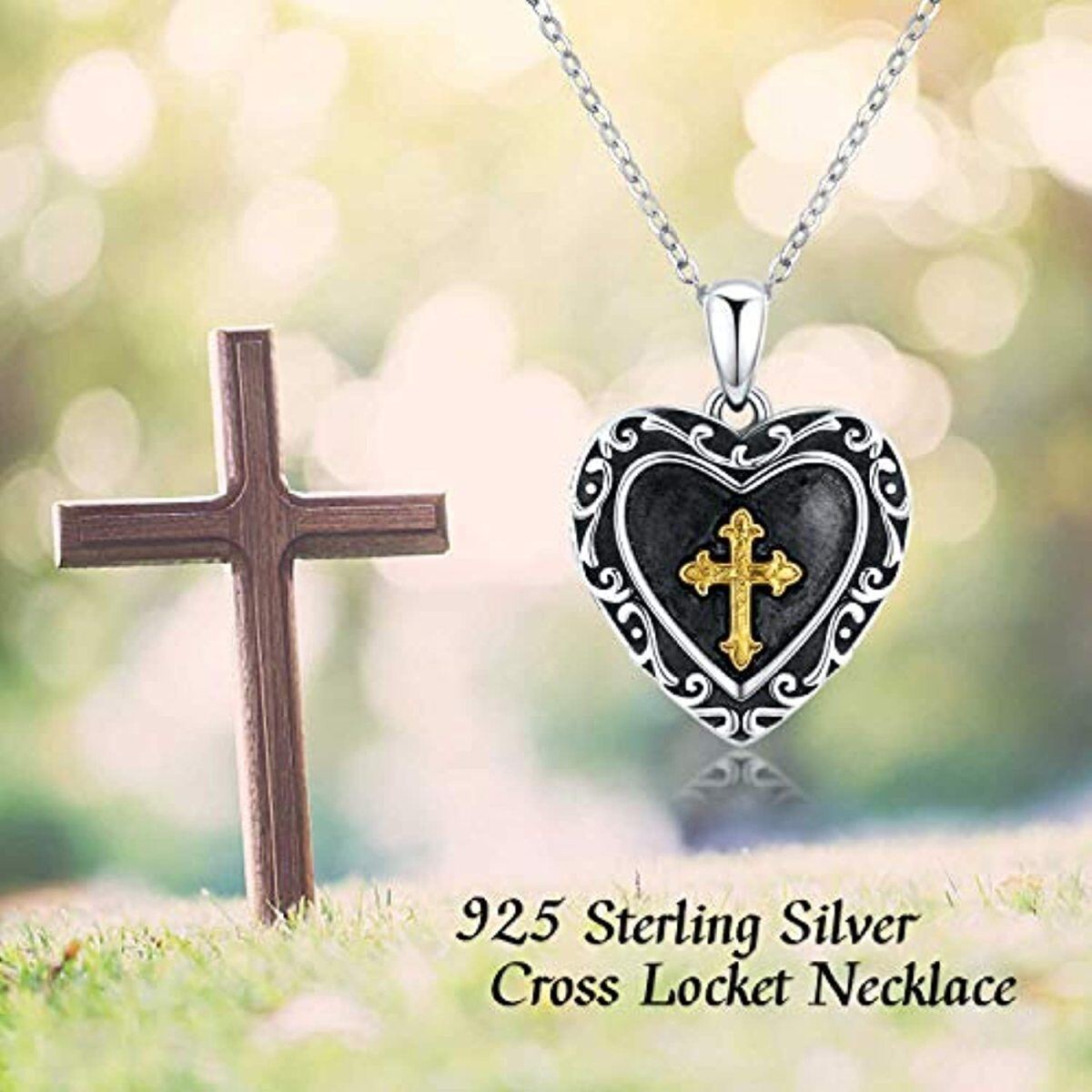 Sterling Silver Two-tone Cross Personalized Photo Locket Necklace-5