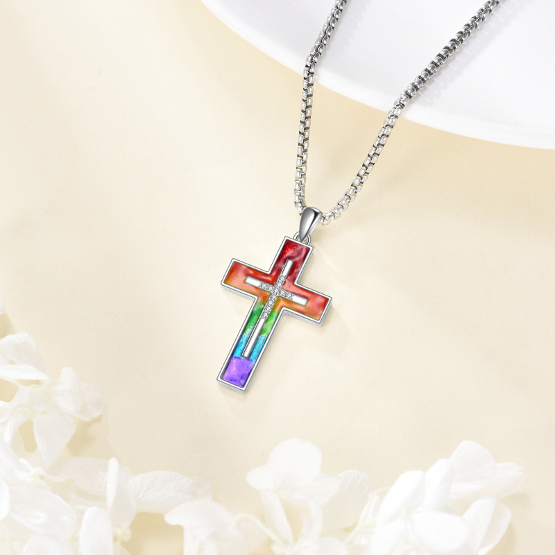 Sterling Silver Cubic Zirconia Cross & Rainbow Pendant Necklace-4