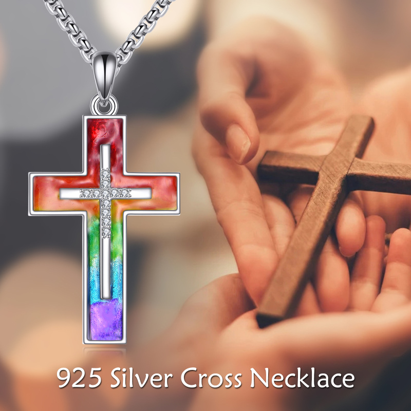 Sterling Silver Cubic Zirconia Cross & Rainbow Pendant Necklace-6