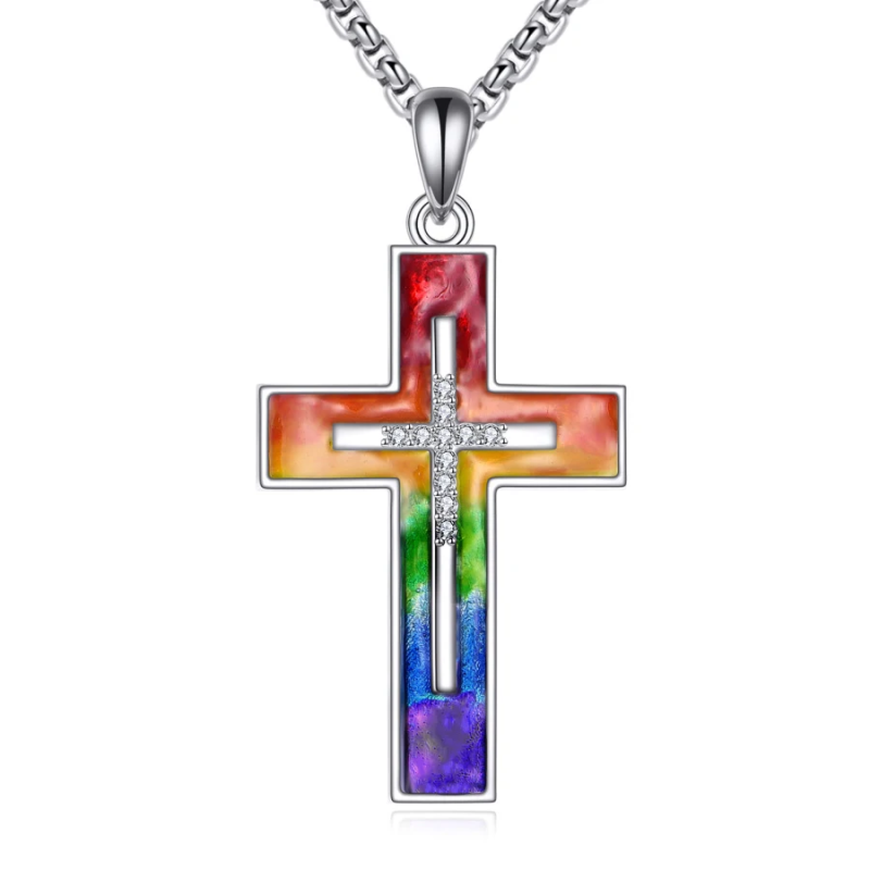 Sterling Silver Cubic Zirconia Cross & Rainbow Pendant Necklace-1