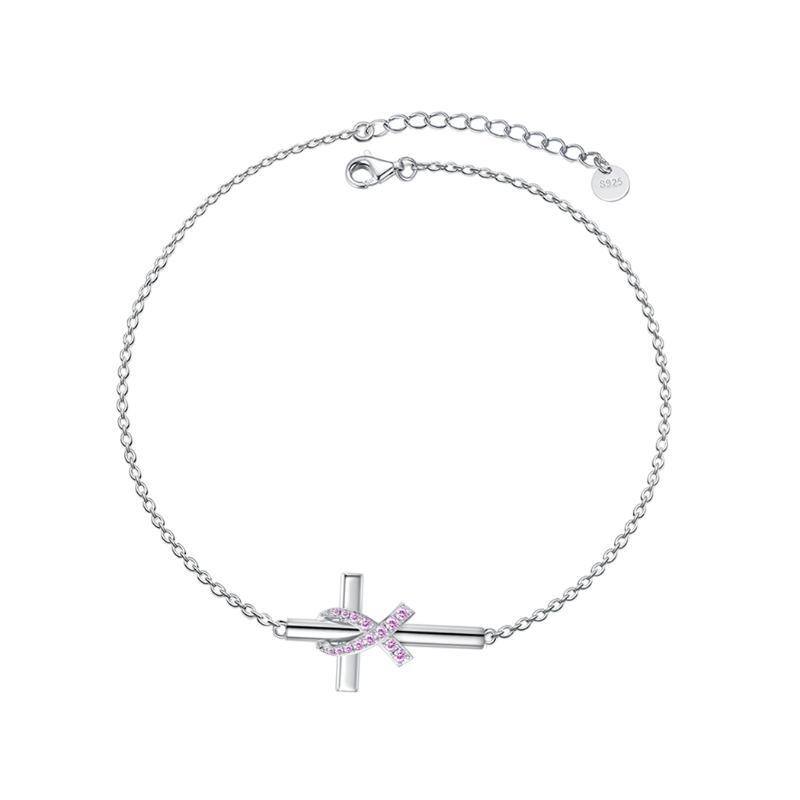 Bracciale con ciondolo a forma di croce e nastro in argento sterling con zirconia cubica-1