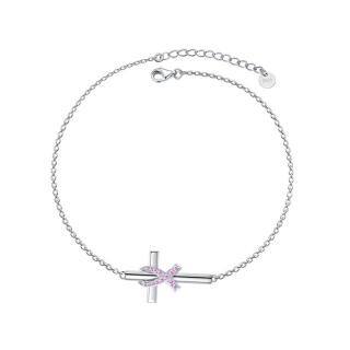 Sterling Silver Cubic Zirconia Cross & Ribbon Pendant Bracelet-3