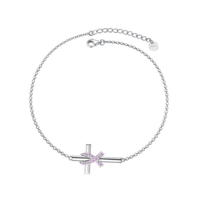 Sterling Silver Cubic Zirconia Cross & Ribbon Pendant Bracelet-1