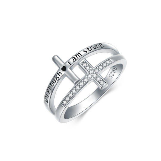 Bague en argent sterling avec croix et oxyde de zirconium et mot gravé