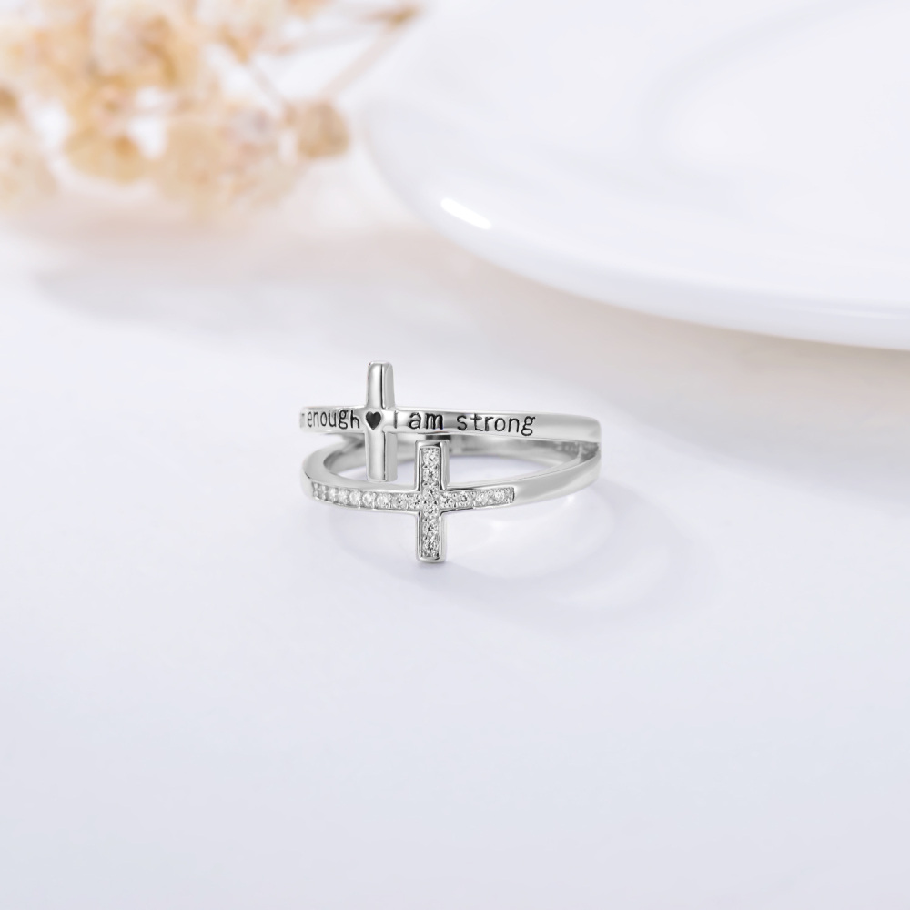 Sterling Silver Cubic Zirconia Cross Ring with Engraved Word-3