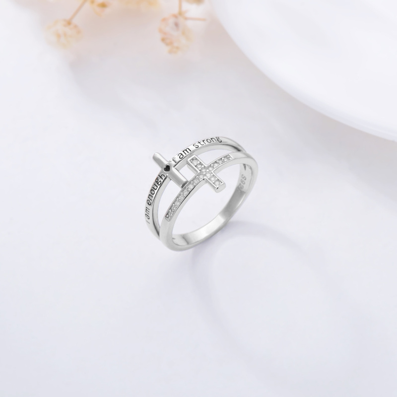 Sterling Silver Cubic Zirconia Cross Ring with Engraved Word-4