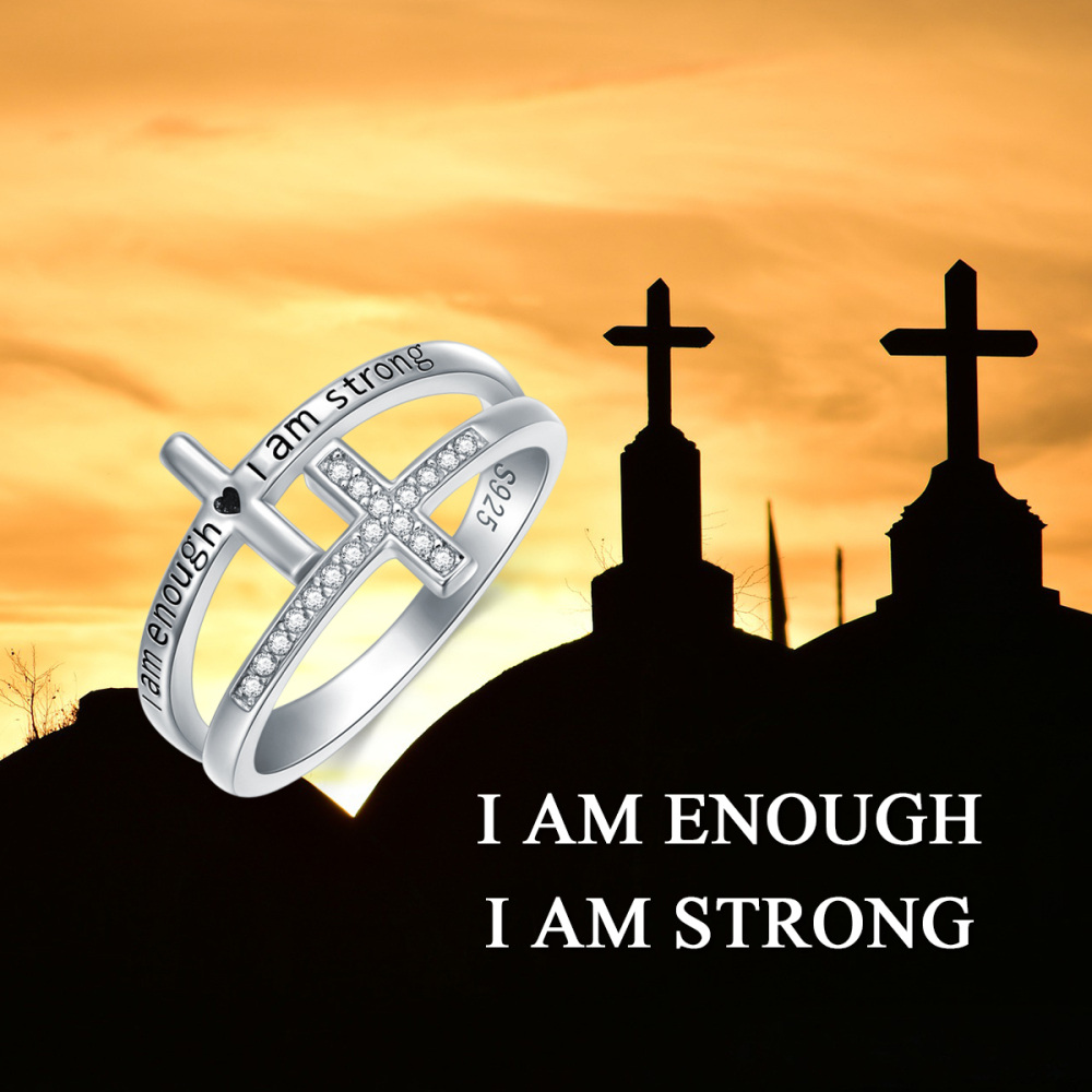 Sterling Silver Cubic Zirconia Cross Ring with Engraved Word-5