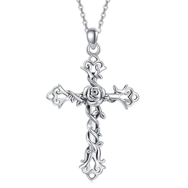 Sterling Silver Cross Rose Flower & Ivy Pendant Necklace-1