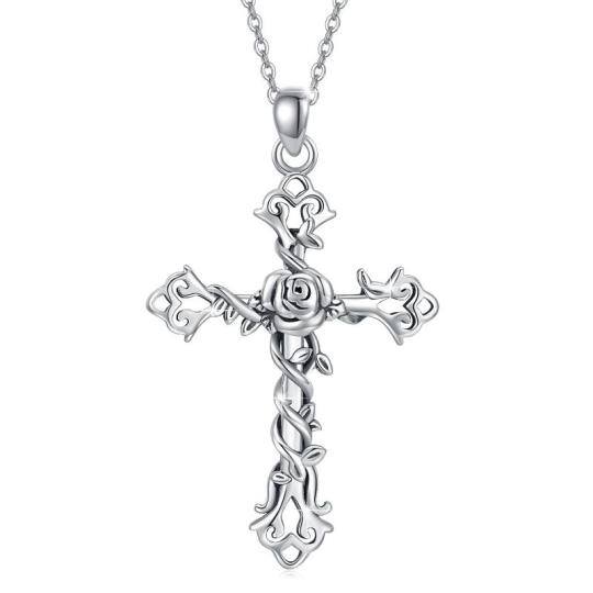 Sterling Silver Cross Rose Flower & Ivy Pendant Necklace