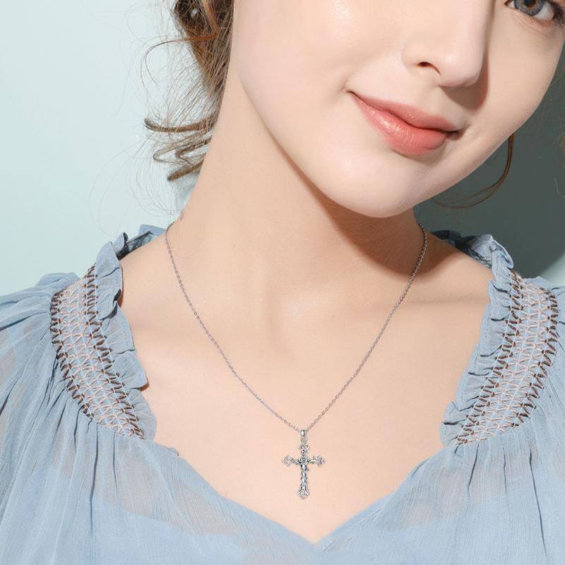 Sterling zilveren kruis bloem & klimop hanger ketting-3