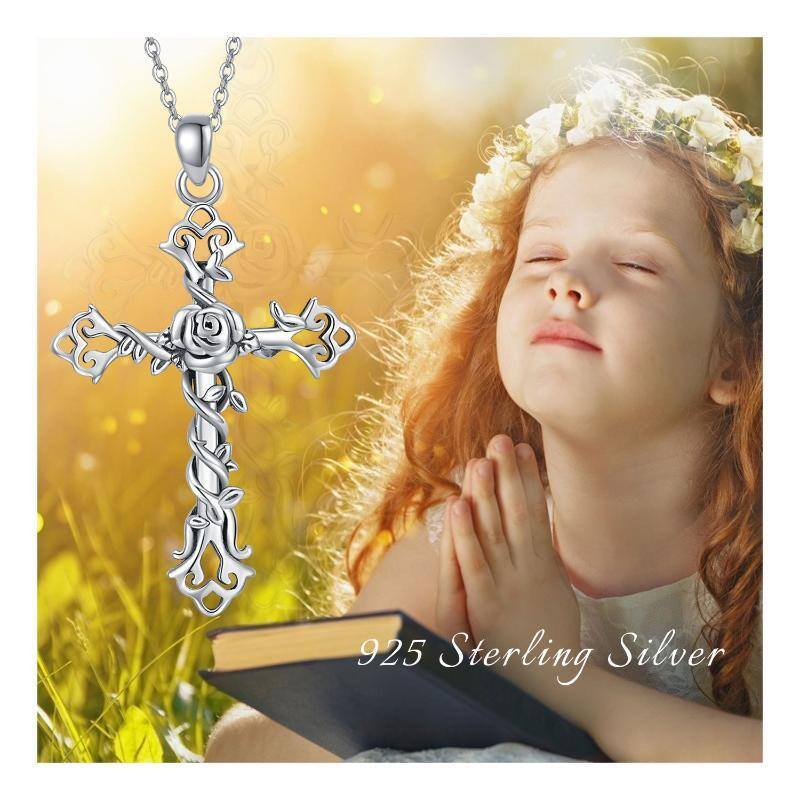 Sterling zilveren kruis bloem & klimop hanger ketting-4