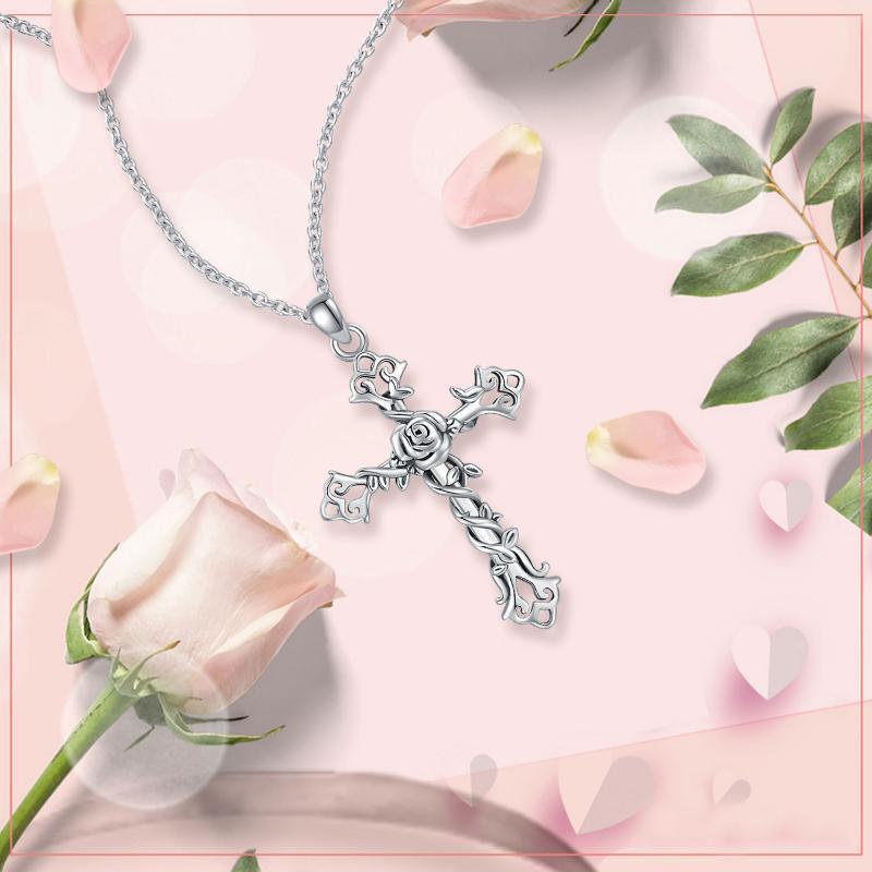 Colar com pingente de prata esterlina Cruz Rosa Flor e Hera-5