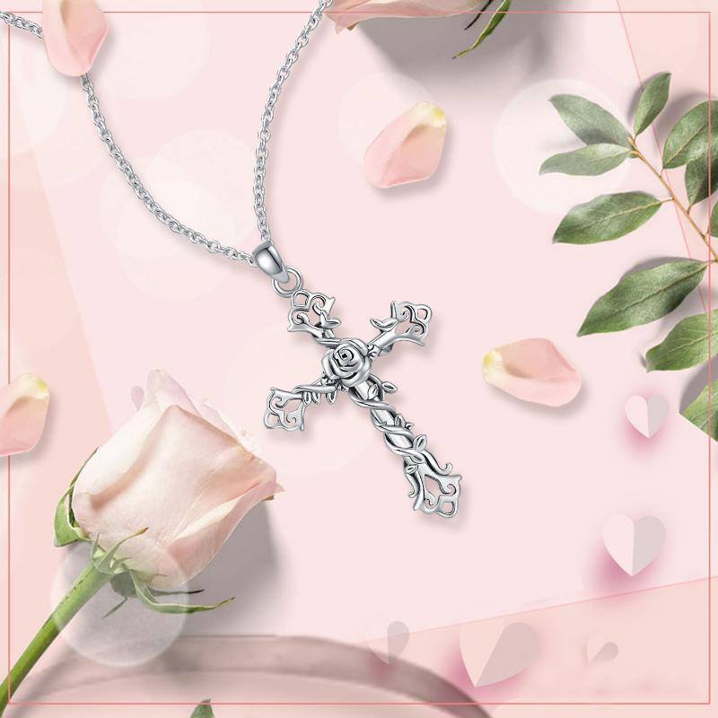 Sterling Silver Cross Rose Flower & Ivy Pendant Necklace-5