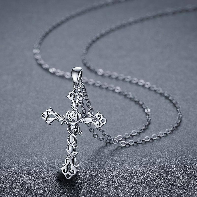 Sterling Silver Cross Rose Flower & Ivy Pendant Necklace-6