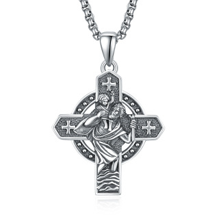 Sterling Silver Cross & Saint Christopher Pendant Necklace with Engraved Word for Men-4