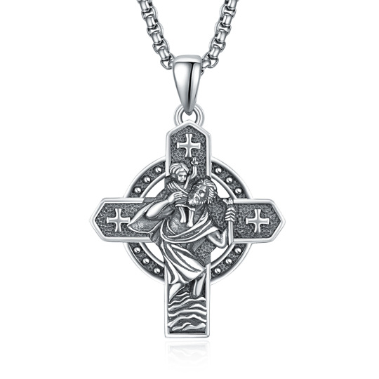 Collier en argent sterling avec pendentif Croix et Saint-Christophe avec mot gravé pour ho