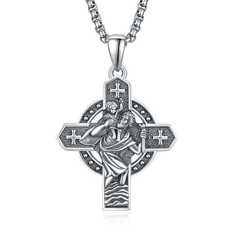 Sterling Silver Cross & Saint Christopher Pendant Necklace with Engraved Word for Men