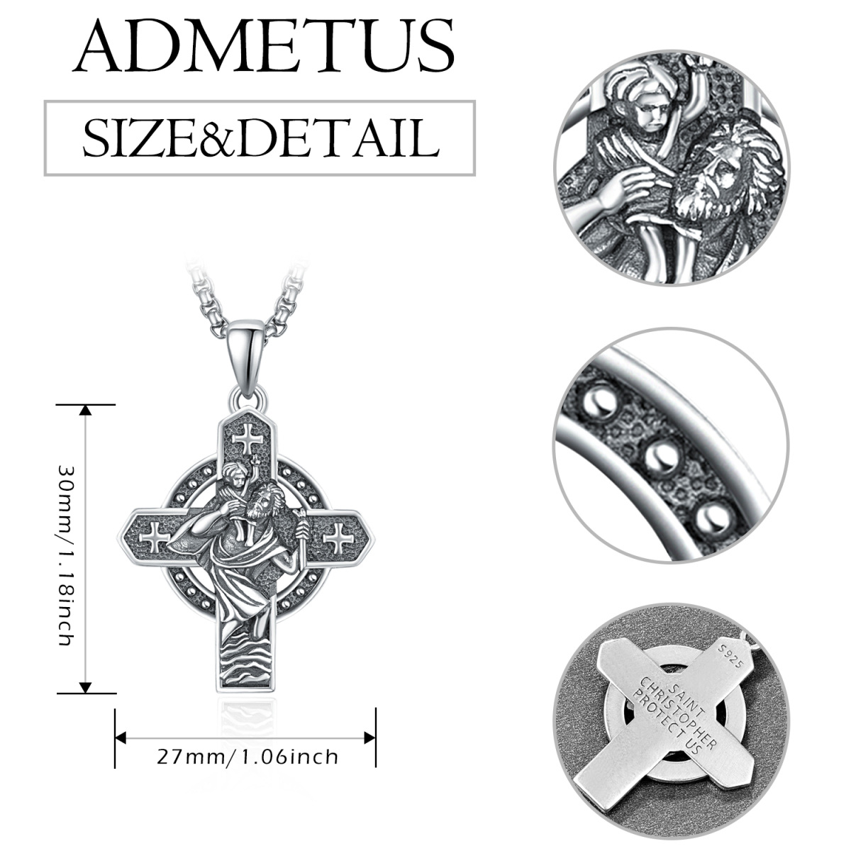 Sterling Silber Kreuz & Saint Christopher Anhänger Halskette mit eingraviertem Wort für Mä-5