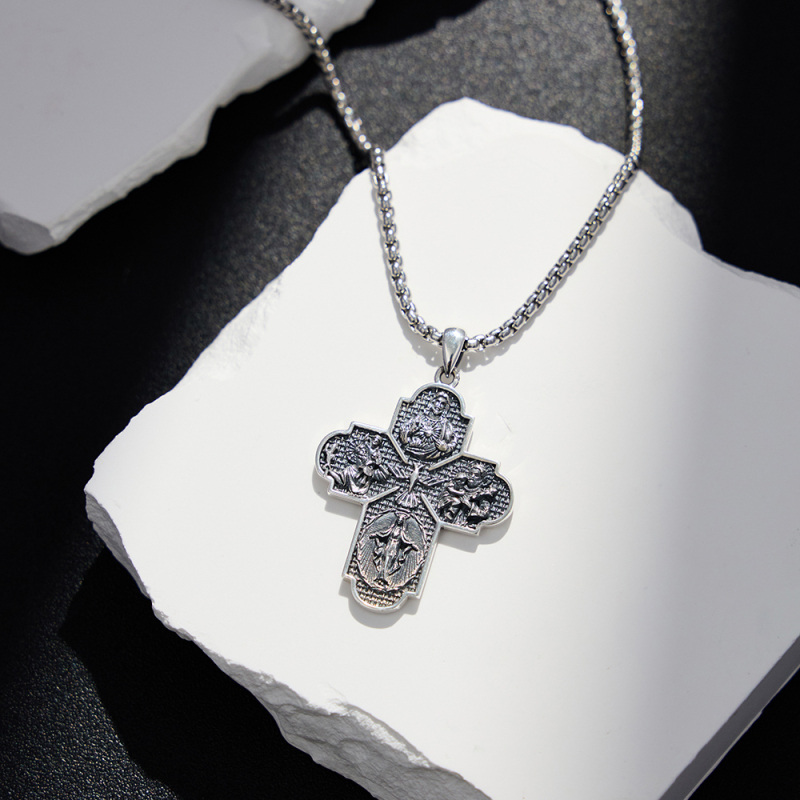 Sterling Silver Cross & Saint Christopher Pendant Necklace-3