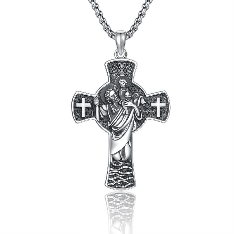 Sterling Silver Cross & Saint Christopher Pendant Necklace with Engraved Word-9