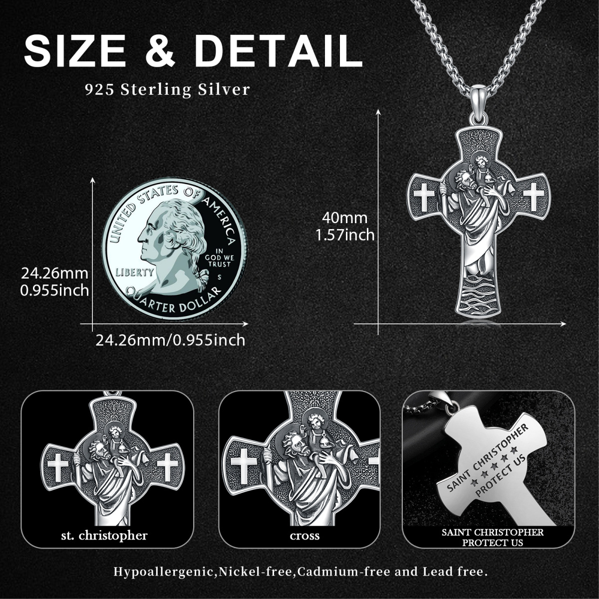 Sterling Silver Cross & Saint Christopher Pendant Necklace with Engraved Word-4