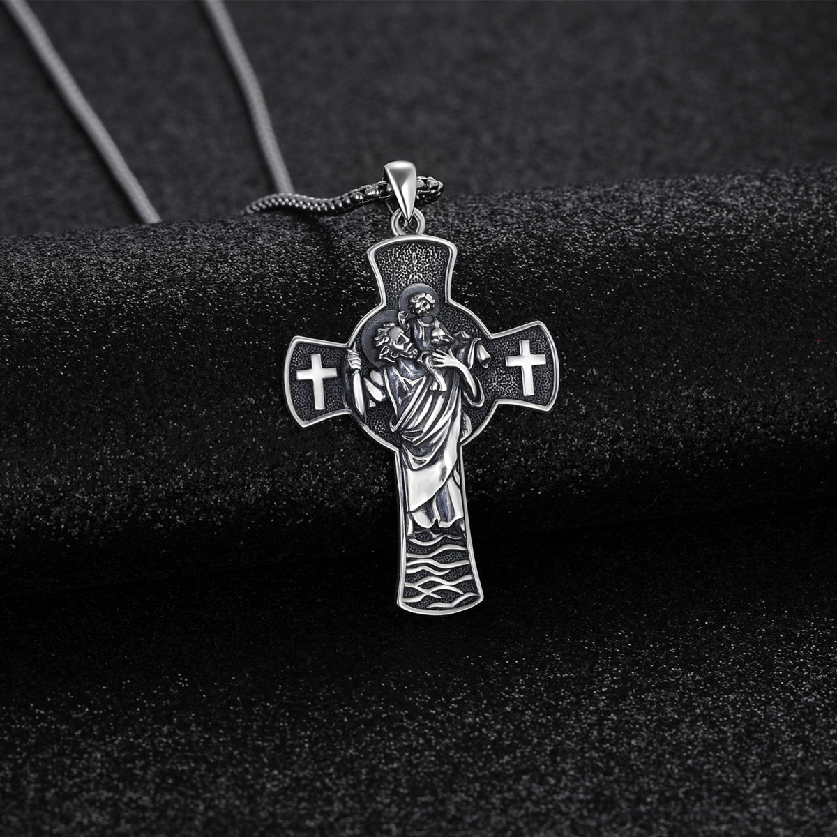 Sterling Silver Cross & Saint Christopher Pendant Necklace with Engraved Word-5