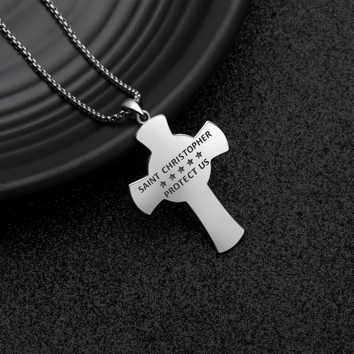 Sterling Silver Cross & Saint Christopher Pendant Necklace with Engraved Word-6