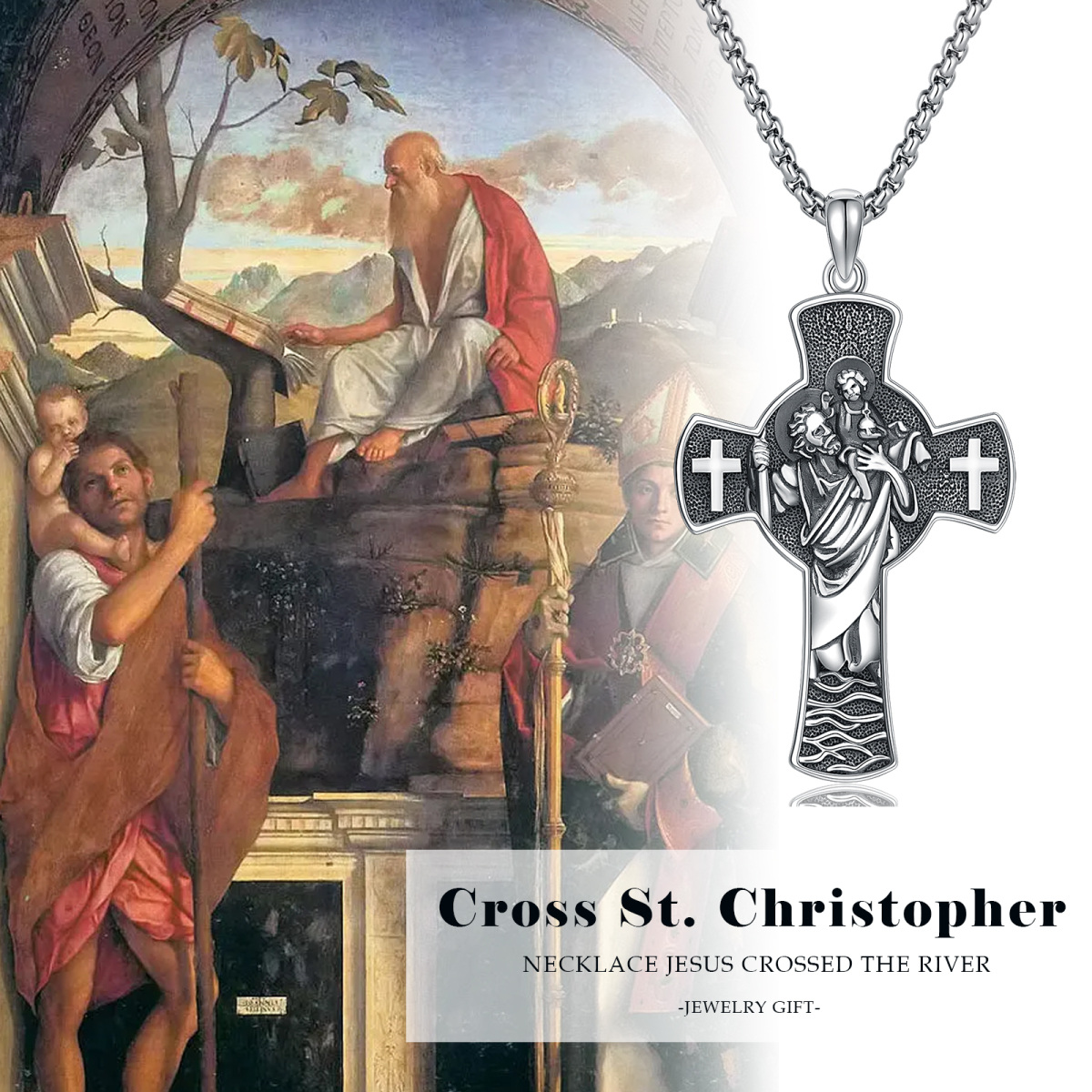 Sterling Silver Cross & Saint Christopher Pendant Necklace with Engraved Word-7