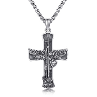 Sterling Silver Cross & Saint Michael Pendant Necklace for Men-24