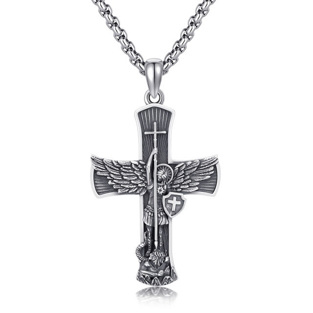 Sterling Silver Cross & Saint Michael Pendant Necklace for Men