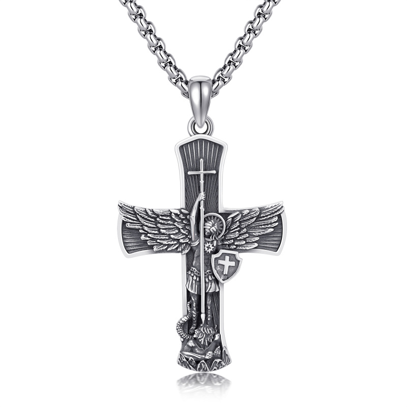 Sterling Silver Cross & Saint Michael Pendant Necklace for Men-17