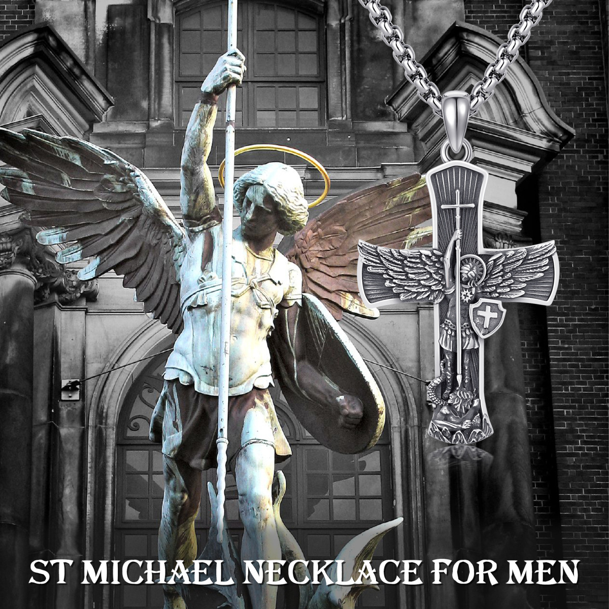 Sterling Silver Cross & Saint Michael Pendant Necklace for Men-3