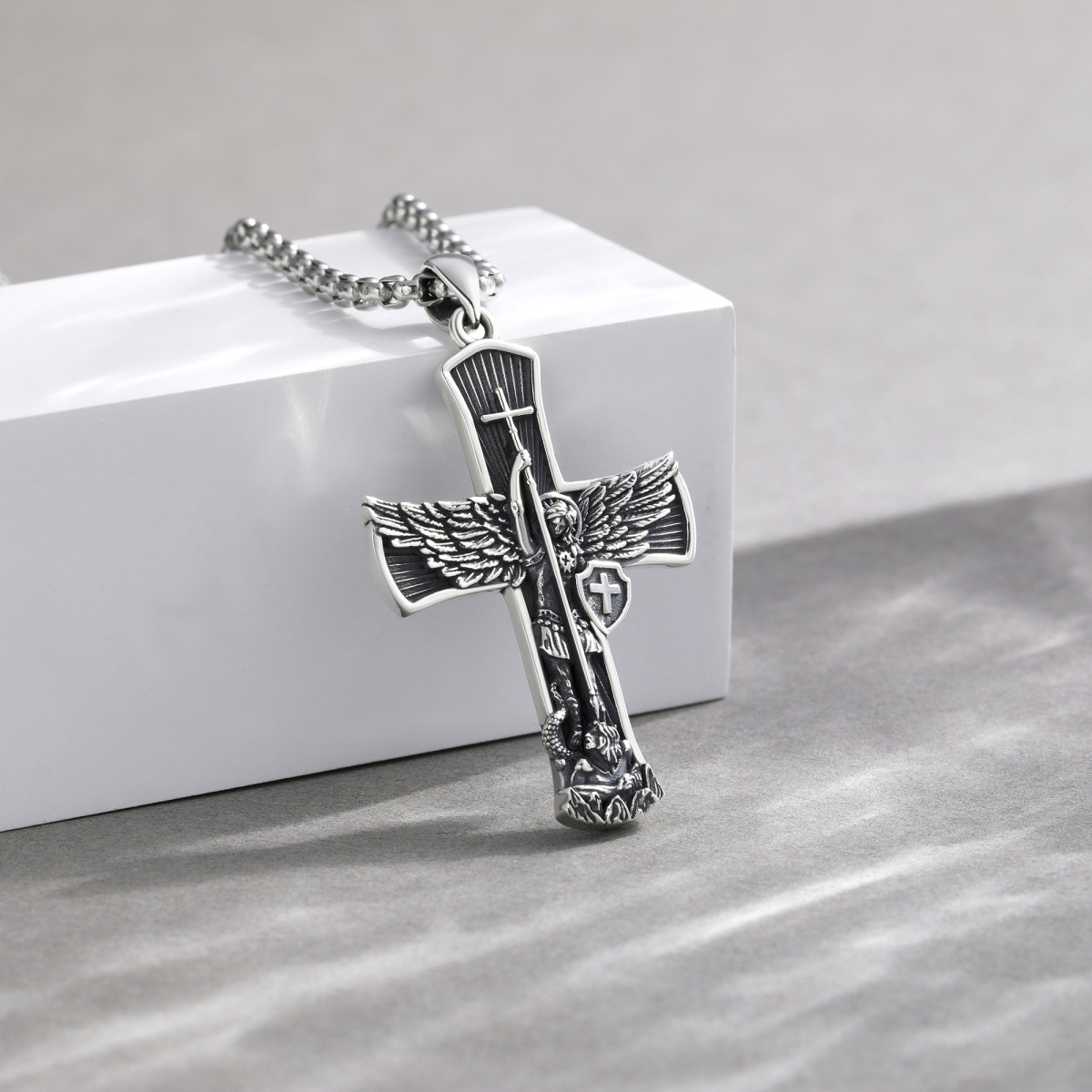 Collier en argent sterling avec pendentif croix et saint Michel pour hommes-4