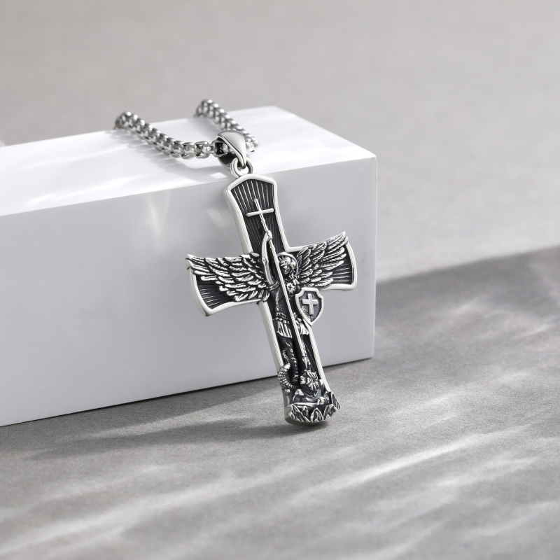 Sterling Silver Cross & Saint Michael Pendant Necklace for Men-4
