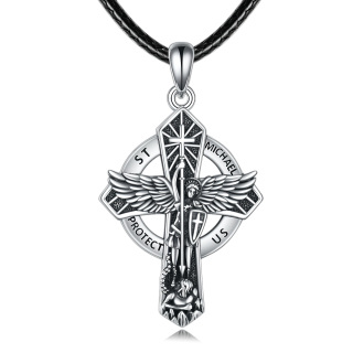 Sterling Silver Cross & Saint Michael Pendant Necklace with Engraved Word-16