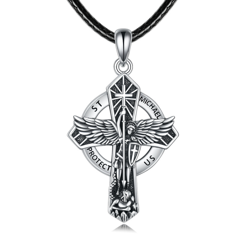 Sterling Silver Cross & Saint Michael Pendant Necklace with Engraved Word-12