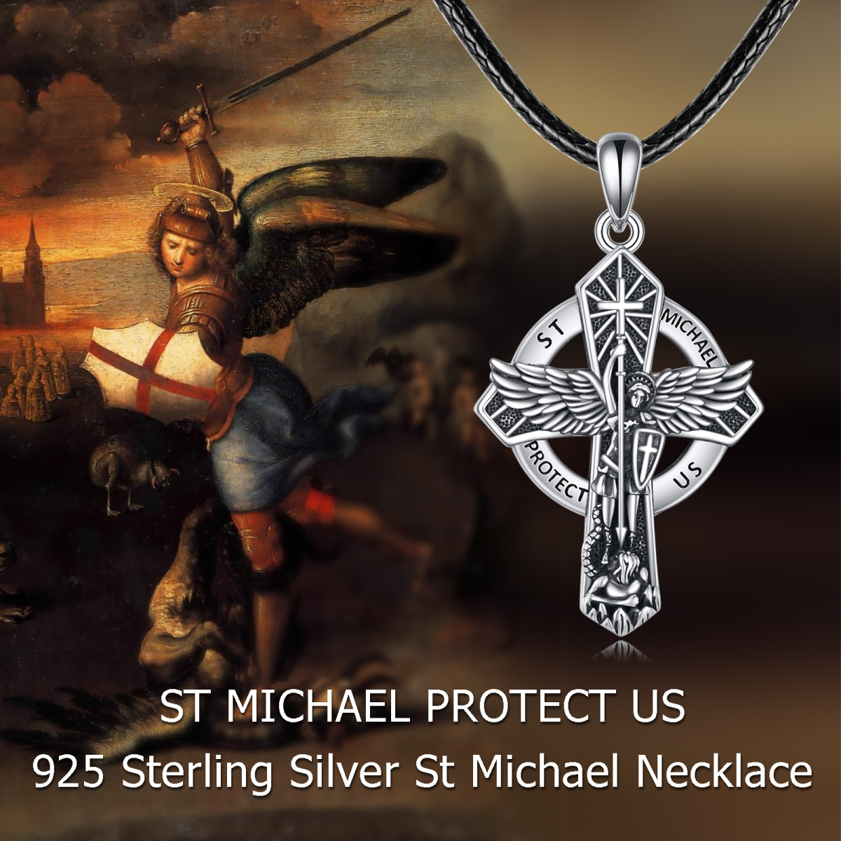 Sterling Silver Cross & Saint Michael Pendant Necklace with Engraved Word-3