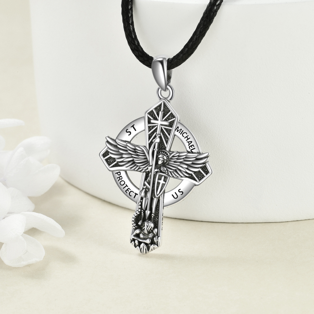 Sterling Silver Cross & Saint Michael Pendant Necklace with Engraved Word-4