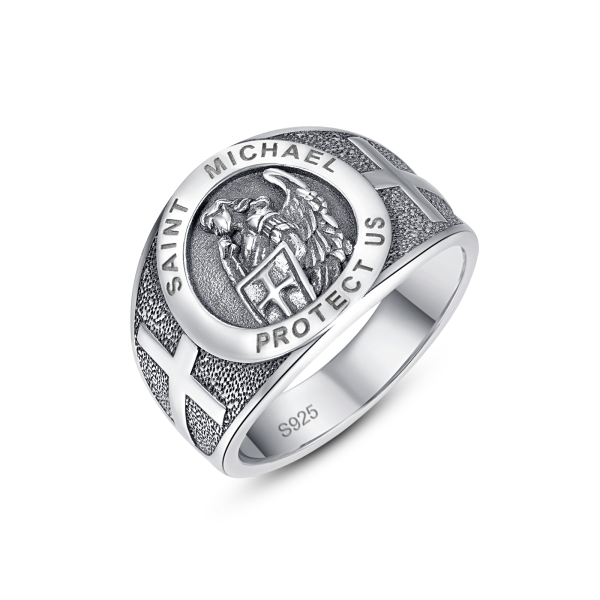 Anillo de plata de ley con cruz de San Miguel y palabra grabada para hombre-1