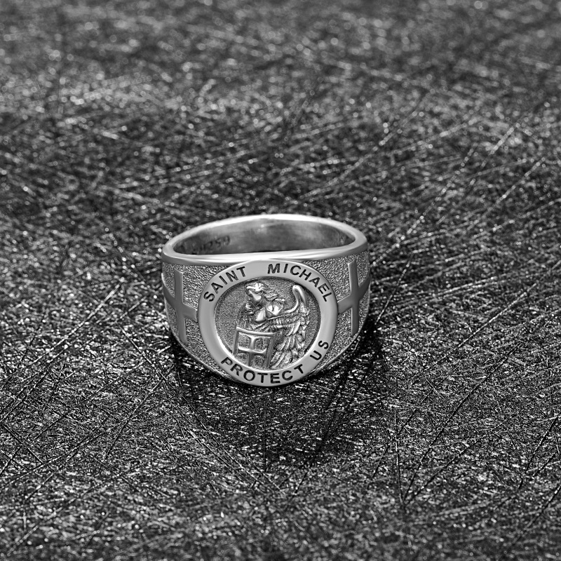Sterling Silver Cross & Saint Michael Ring with Engraved Word for Men-2