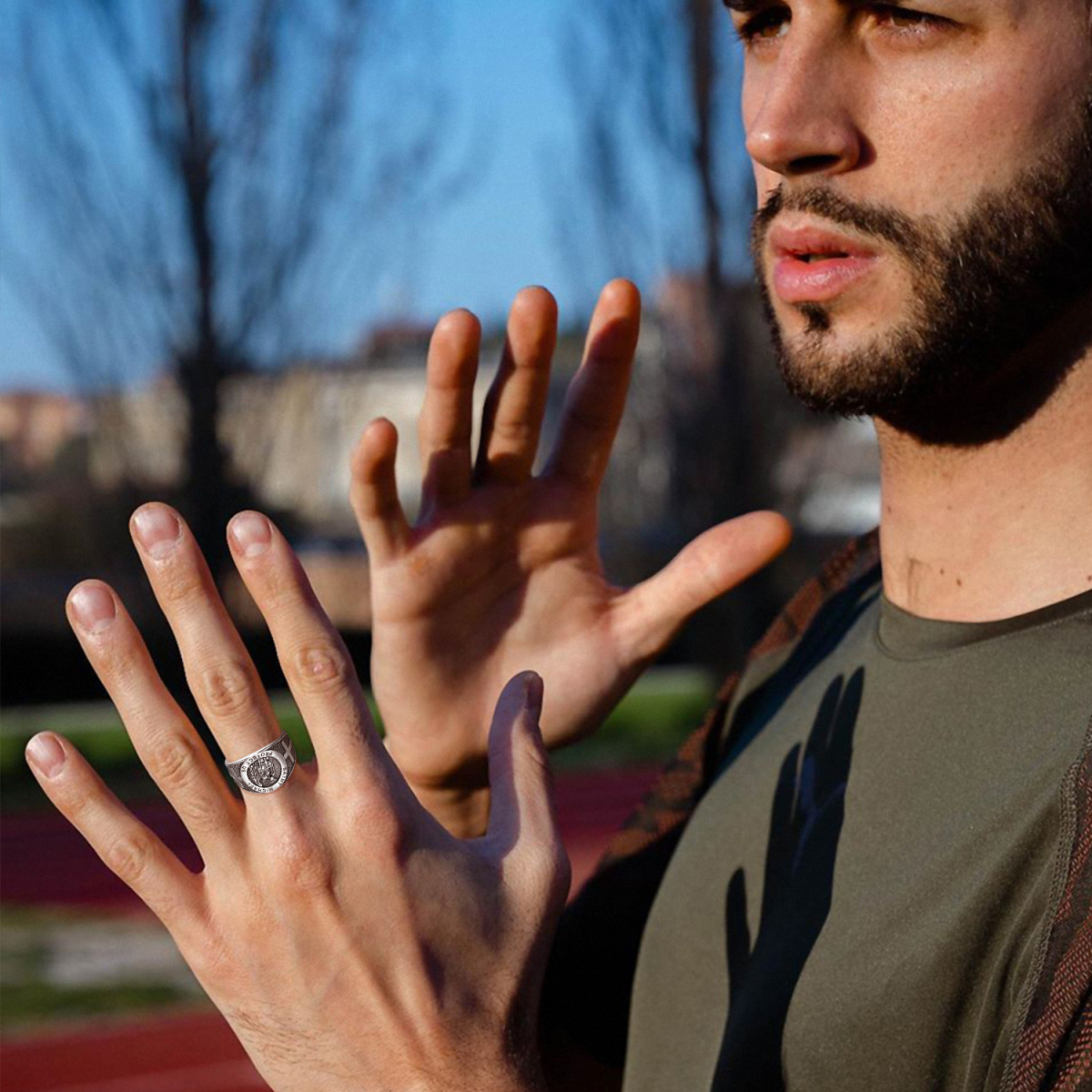 Anillo de plata de ley con cruz de San Miguel y palabra grabada para hombre-4