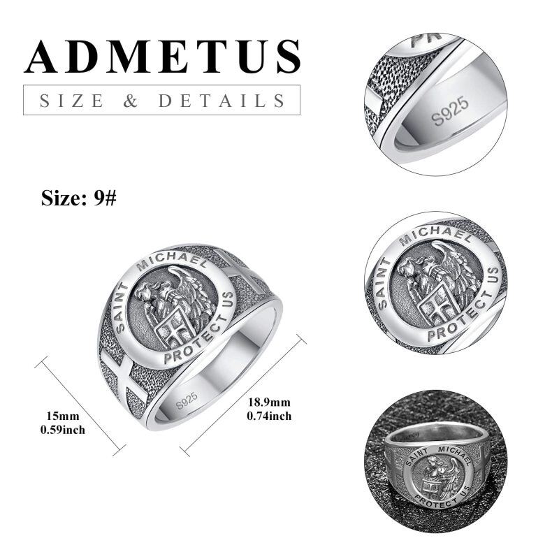 Sterling Silver Cross & Saint Michael Ring with Engraved Word for Men-5