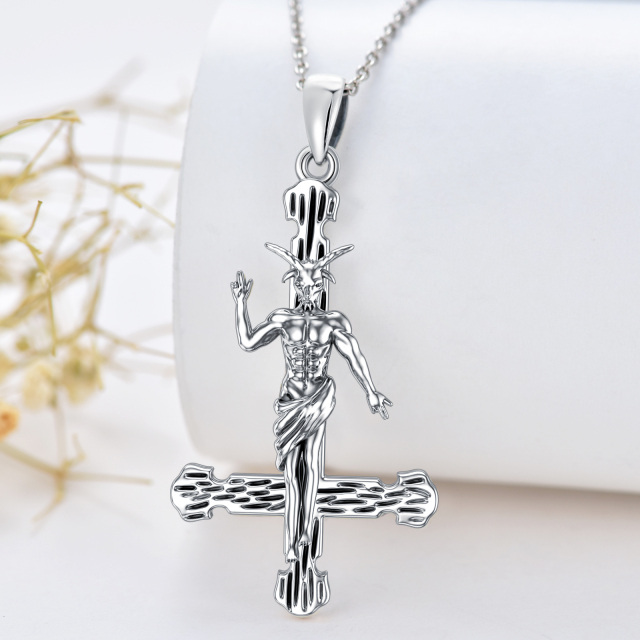 Sterling Silver Cross & Satanic Goat Pendant Necklace-3