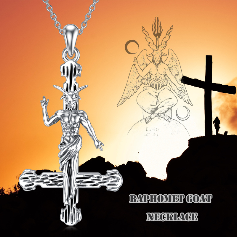 Sterling Silber Kreuz & Satanische Ziege Anhänger Halskette-6