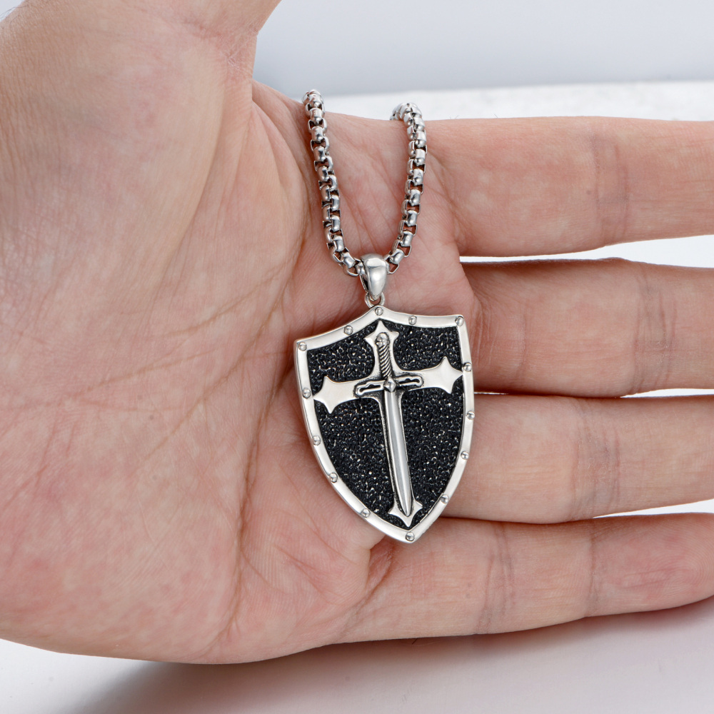 Sterling Silver Cross & Shield Pendant Necklace-2