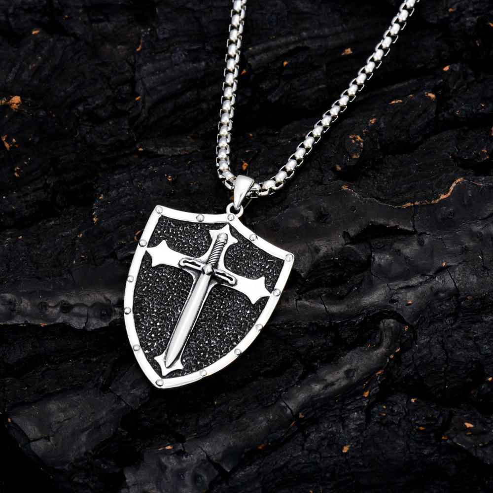 Sterling Silver Cross & Shield Pendant Necklace-6