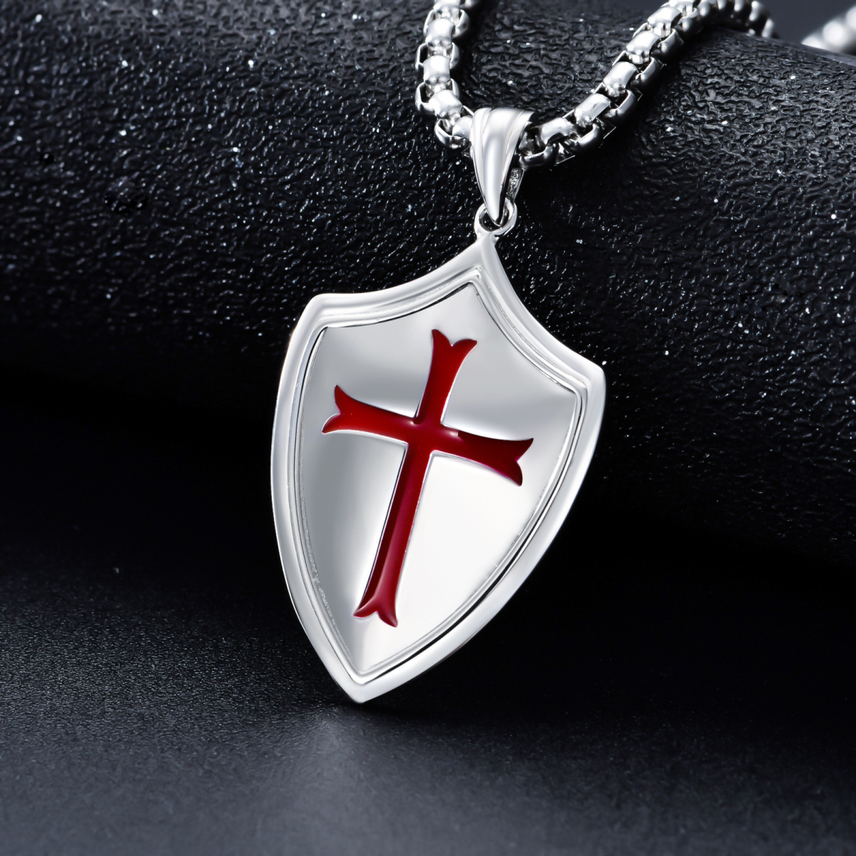 Collier à pendentif croix et bouclier en argent sterling-4