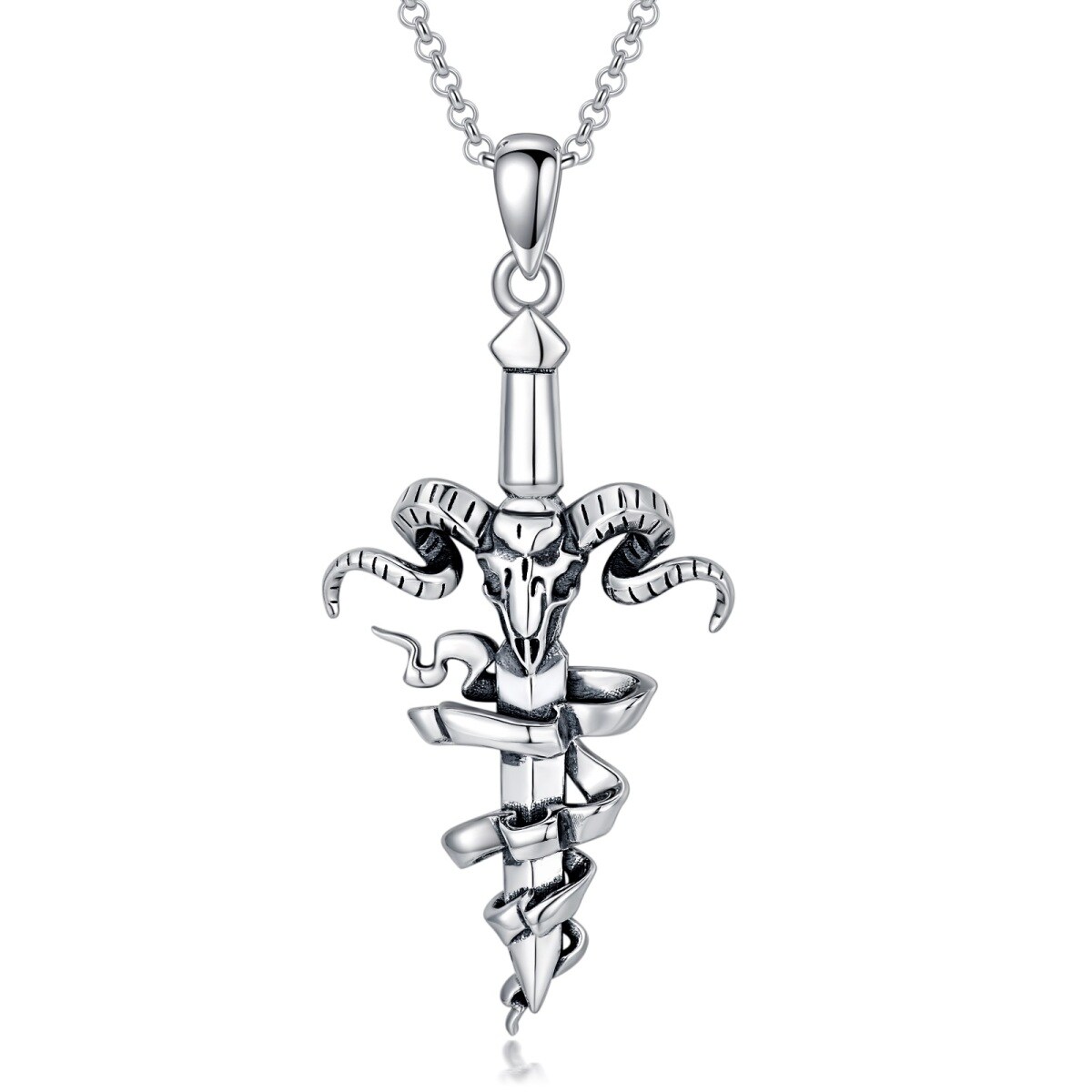 Sterling Silver Cross & Skull With Sword Pendant Necklace For Men-1