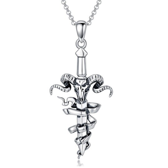 Sterling Silver Cross & Skull With Sword Pendant Necklace For Men