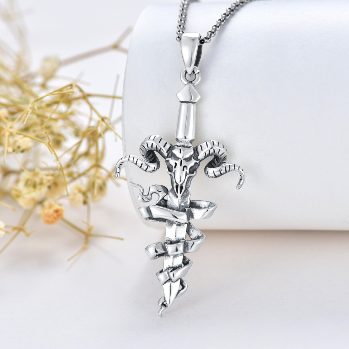 Sterling Silver Cross & Skull With Sword Pendant Necklace For Men-3